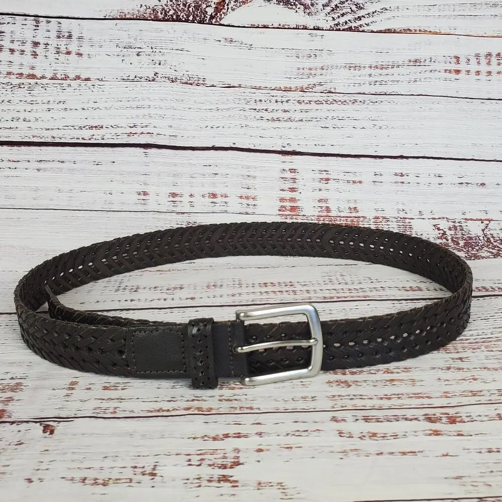 Men's Size L Brown Woven Genuine Leather Belt Silver Tone Buckle Cowboy Western